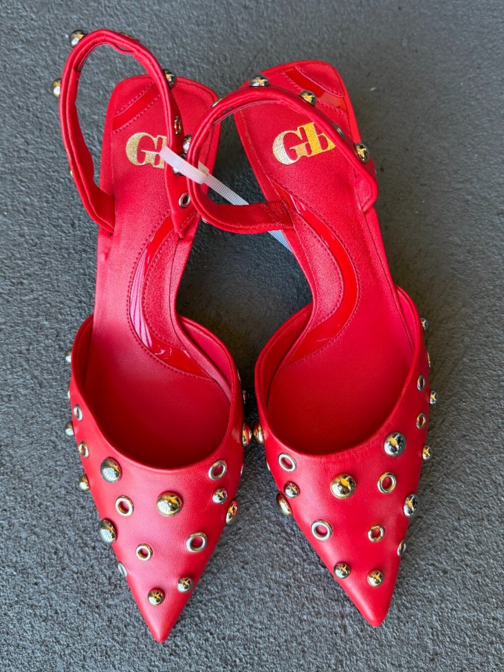 Gianni Bini Red Leather Studded Heels 7 Slingback Kitten Pointed Toe NWOB - Picture 3 of 7